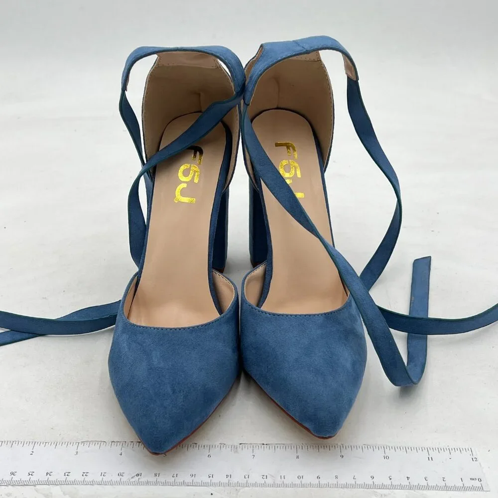 FSJ Steel Blue Faux Suede Chunky Heel D'Orsay Pointed Toe Ankle Strap Pump - Picture 3 of 8